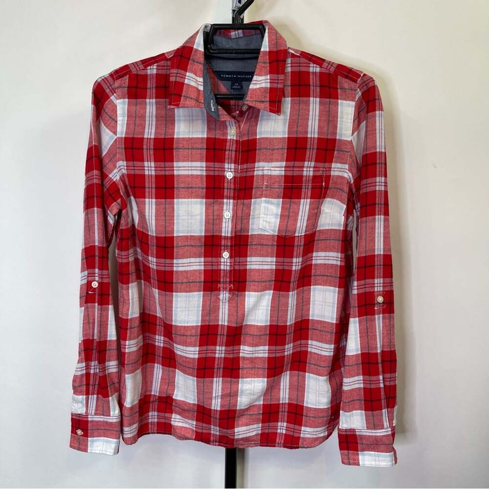 Tommy Hilfiger Red White Plaid Long Sleeve Shirt Size Small Women’s